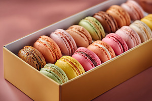 Assorted pastel macarons arranged beautifully in a golden box for a delightful, a Food & Drink Photo by AlyaAnd