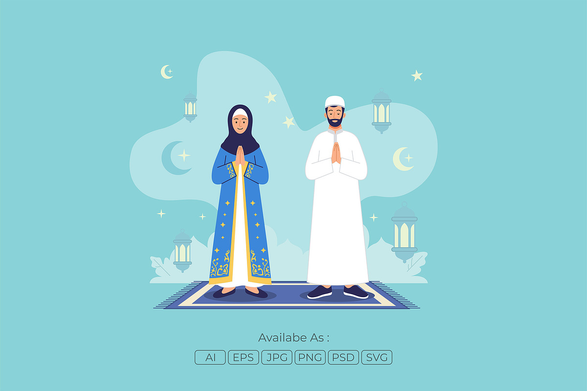 Happy Muslim Family Praying Eid Day, a Seasonal Illustration by Partikusi Design (Photo 2 of 3)