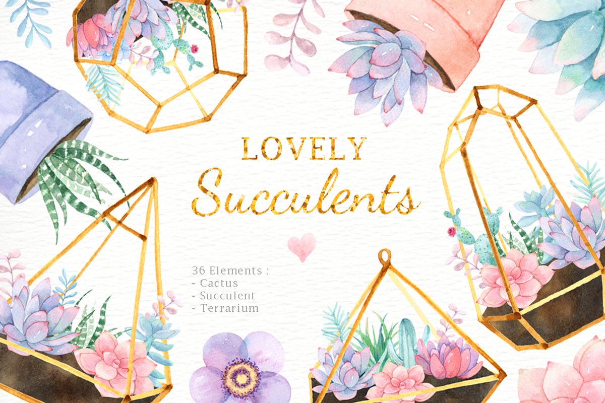 Lovely Succulents Watercolor Clipart, a Decorative Illustration by everysunsun (Photo 1 of 4)