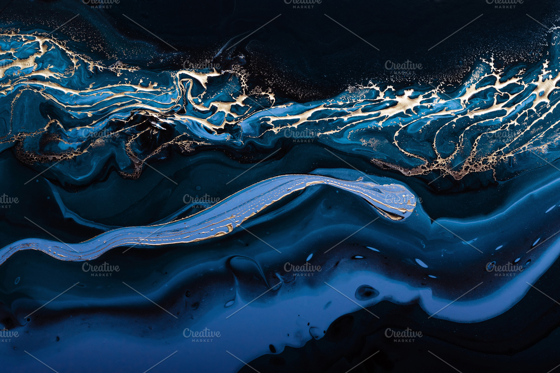 Fluid Art. Liquid Metallic Gold in abstract blue wave. Marble effect background, a Photo by colnihko