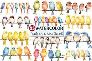 Watercolor Birds on a Wire Clipart, an Illustration by Rose Art