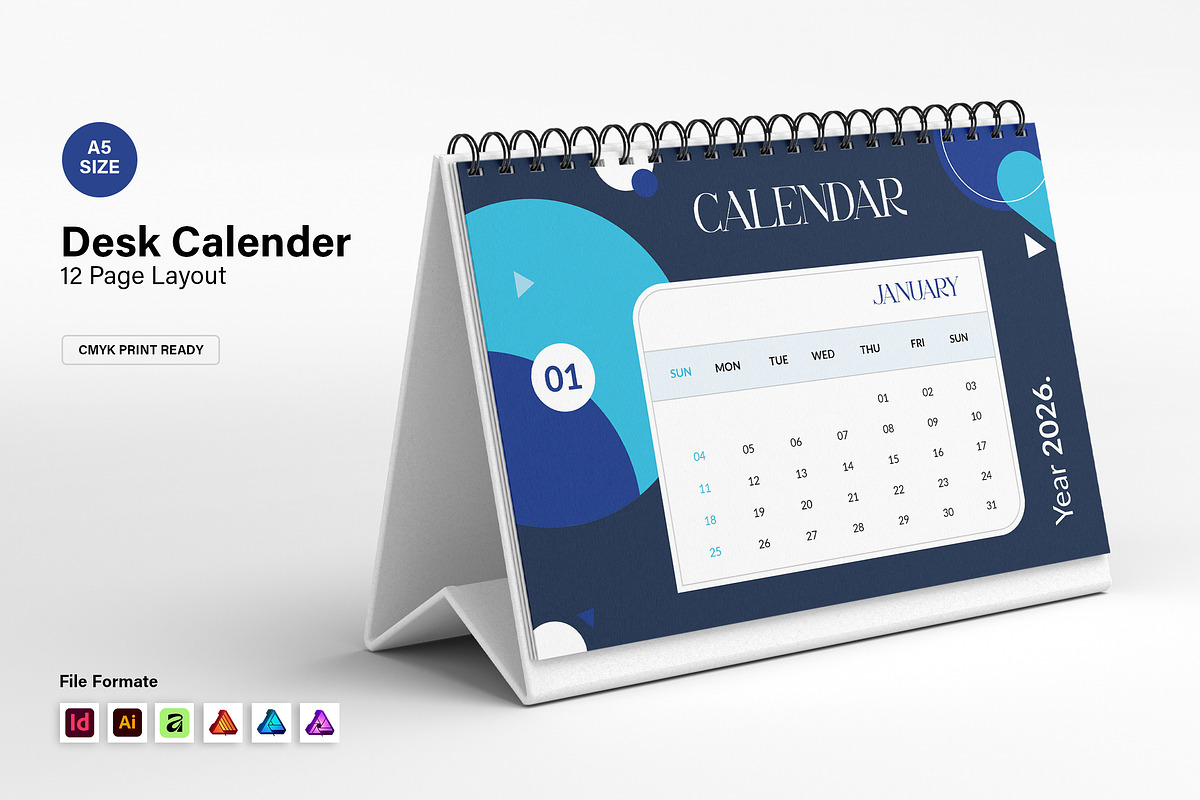 Abstract Blue 2026 Desk Calendar, a Stationery Template by Spark_Creative (Photo 1 of 7)