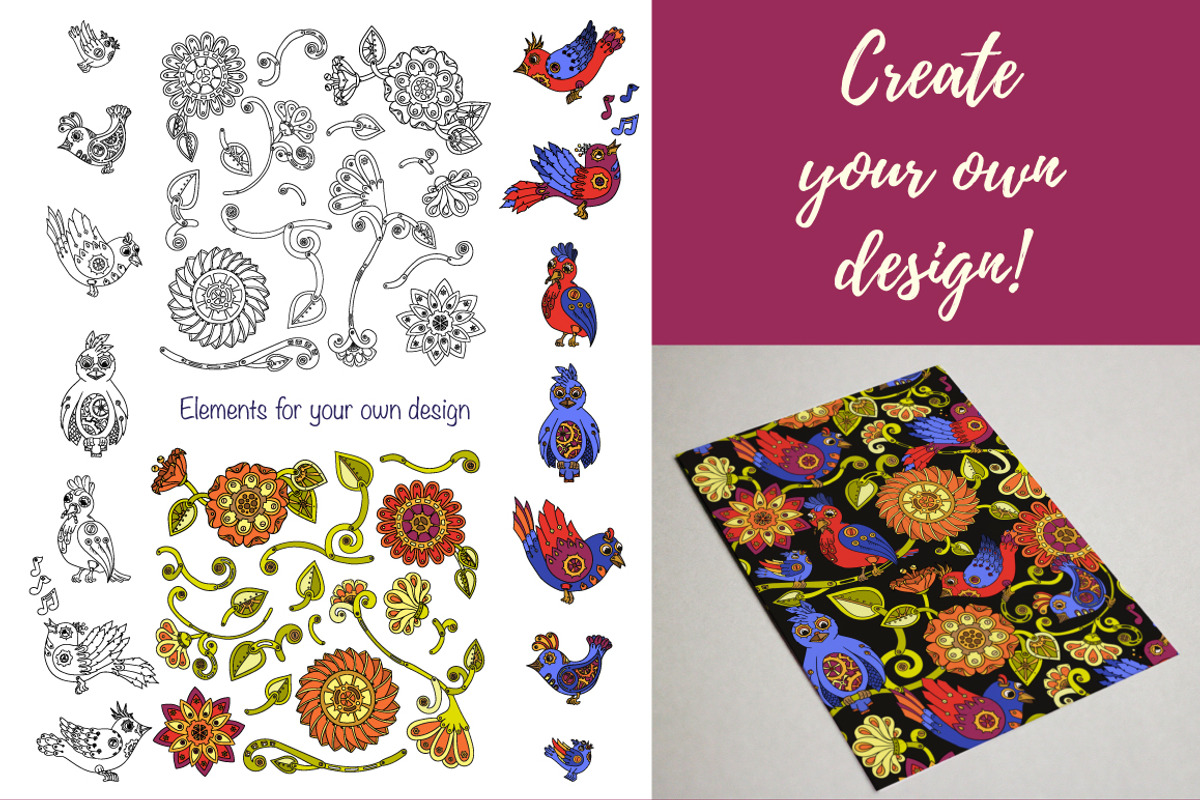 Stylish Steampunk birds and flowers, a Pattern Graphic by Julia_Snegireva (Photo 4 of 6)