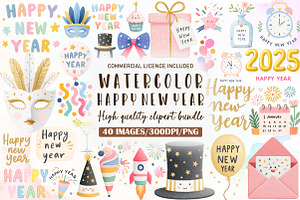 Watercolor Happy New Year Clipart, an Illustration by Sublimation Artist