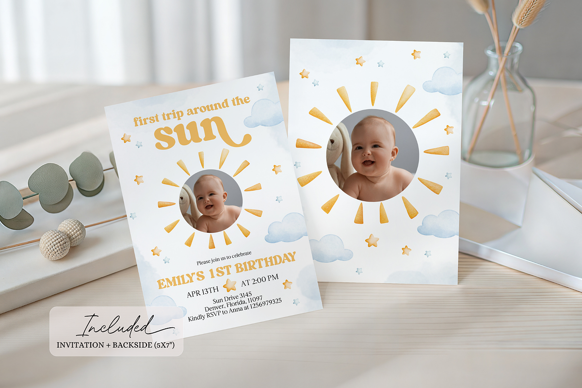 Sunshine First Birthday Photo Invite, a Templates & Theme by VeliusCreativeStudio (Photo 2 of 3)