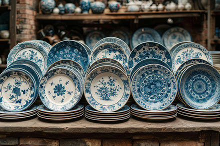 Elegant Display of Traditional Blue and White Chinese Porcelain Plates, a Photo by AS photostudio