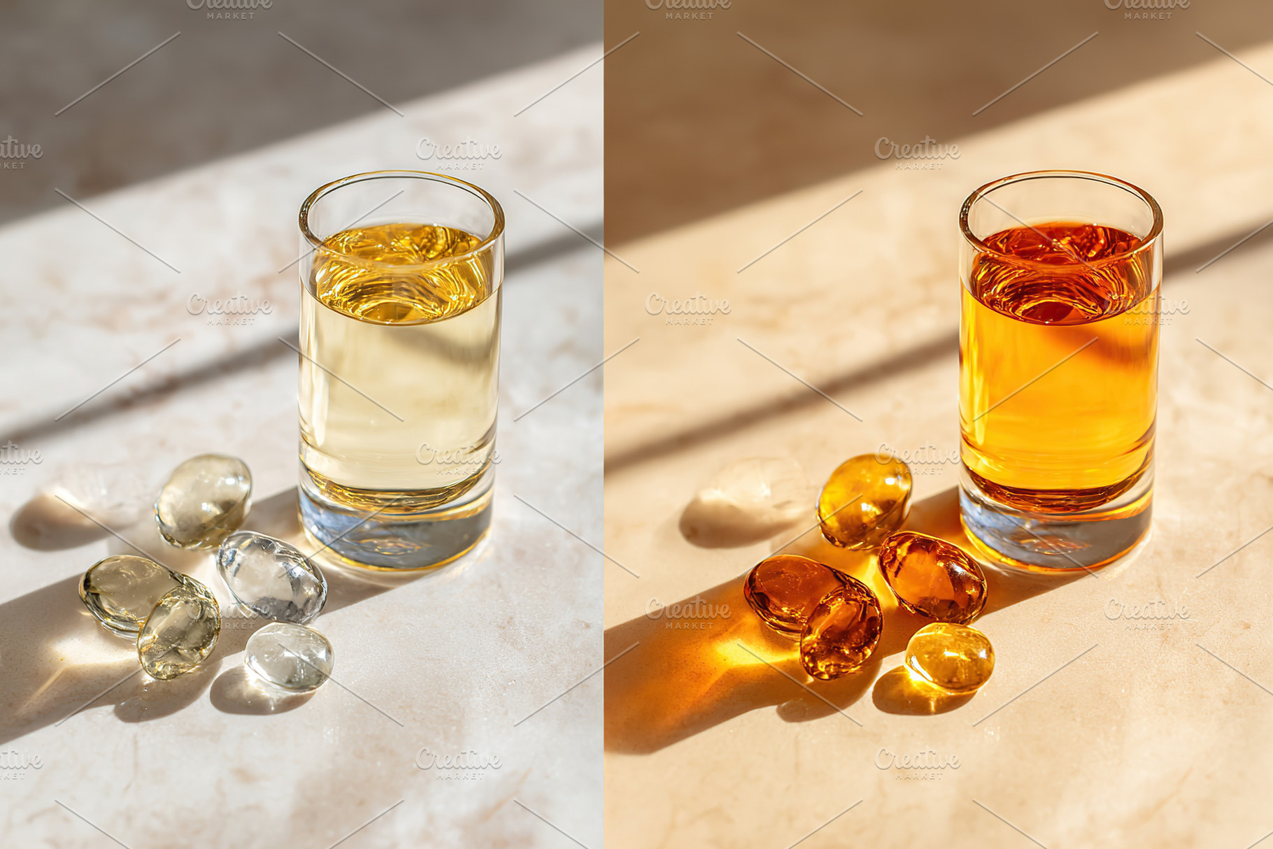 Contrast of clear and amber drinks on a tabletop under different lighting condi, a Food & Drink Photo by AlyaAnd
