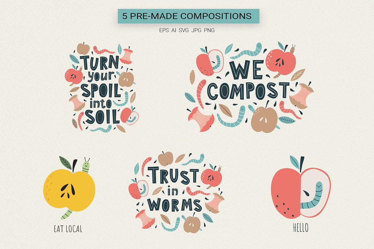 Happy Worms & Apples Clipart, a Food Illustration by Irina Ostapenko (Photo 4 of 6)