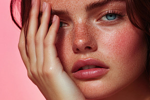 Girl touching her face, pink bg, a Photo by Beautiful things