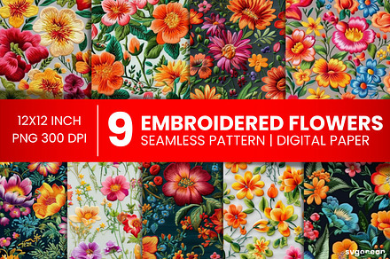 Embroidery Flowers Digital Paper, a Graphic by svgocean