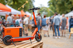 A bright orange scooter is charging on a diesel generator at a lively market fi, a Photo by AlyaAnd