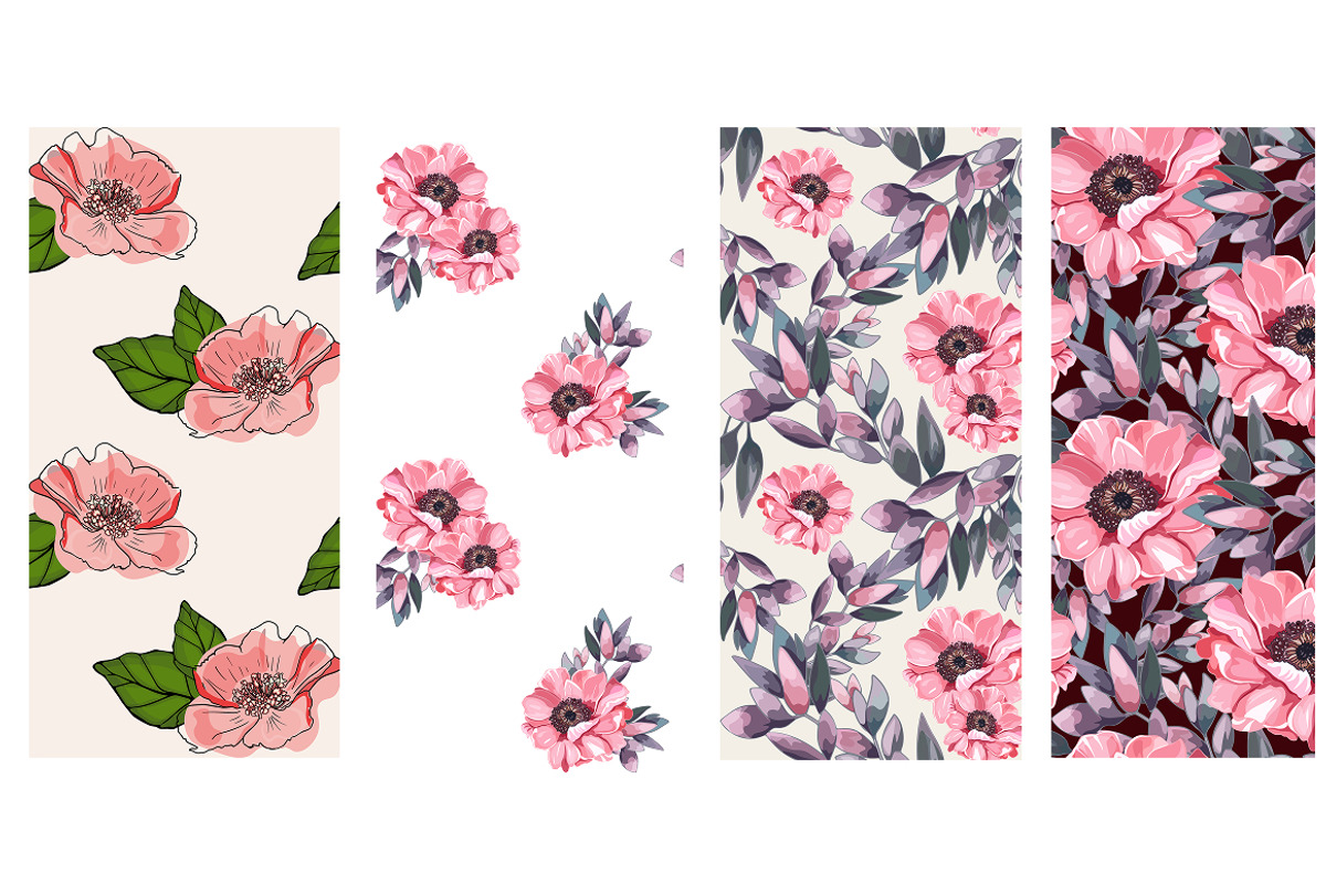 Pink Floral Seamless Patterns Set, a Seasonal Illustration by InkyQueenArt (Photo 3 of 7)