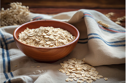 Bowl with oatmeal flakes on fabric, a Food & Drink Photo by Ylivdesign