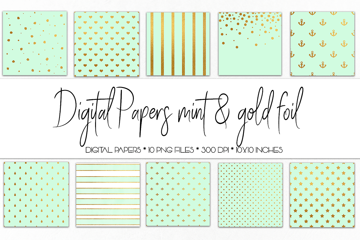 Digital Paper Mint and Gold Foil, a Texture Graphic by Bumblebee