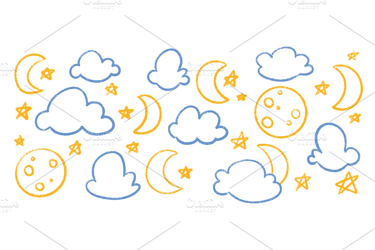 Chalk crayon night sky elements with, an Illustration by YuliiaOsadcha