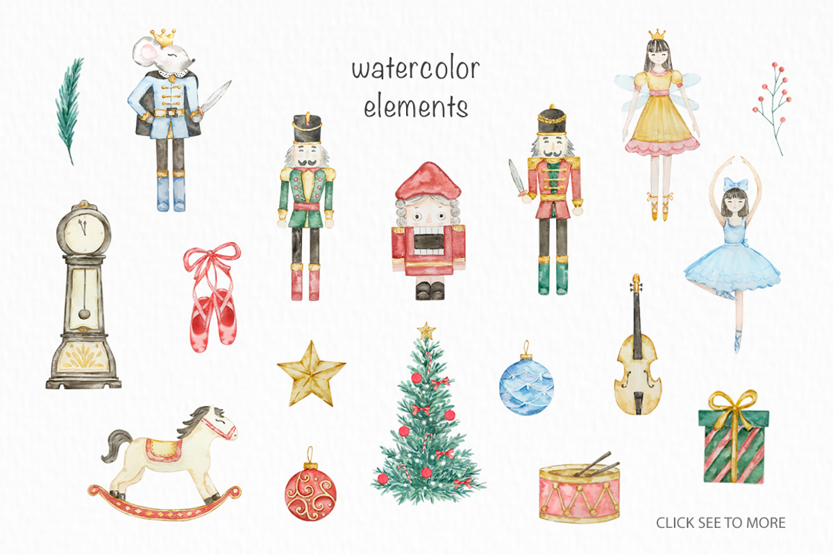 Watercolor Christmas Nutcracker Set, a Seasonal Illustration by SvetaArtStore (Photo 3 of 9)