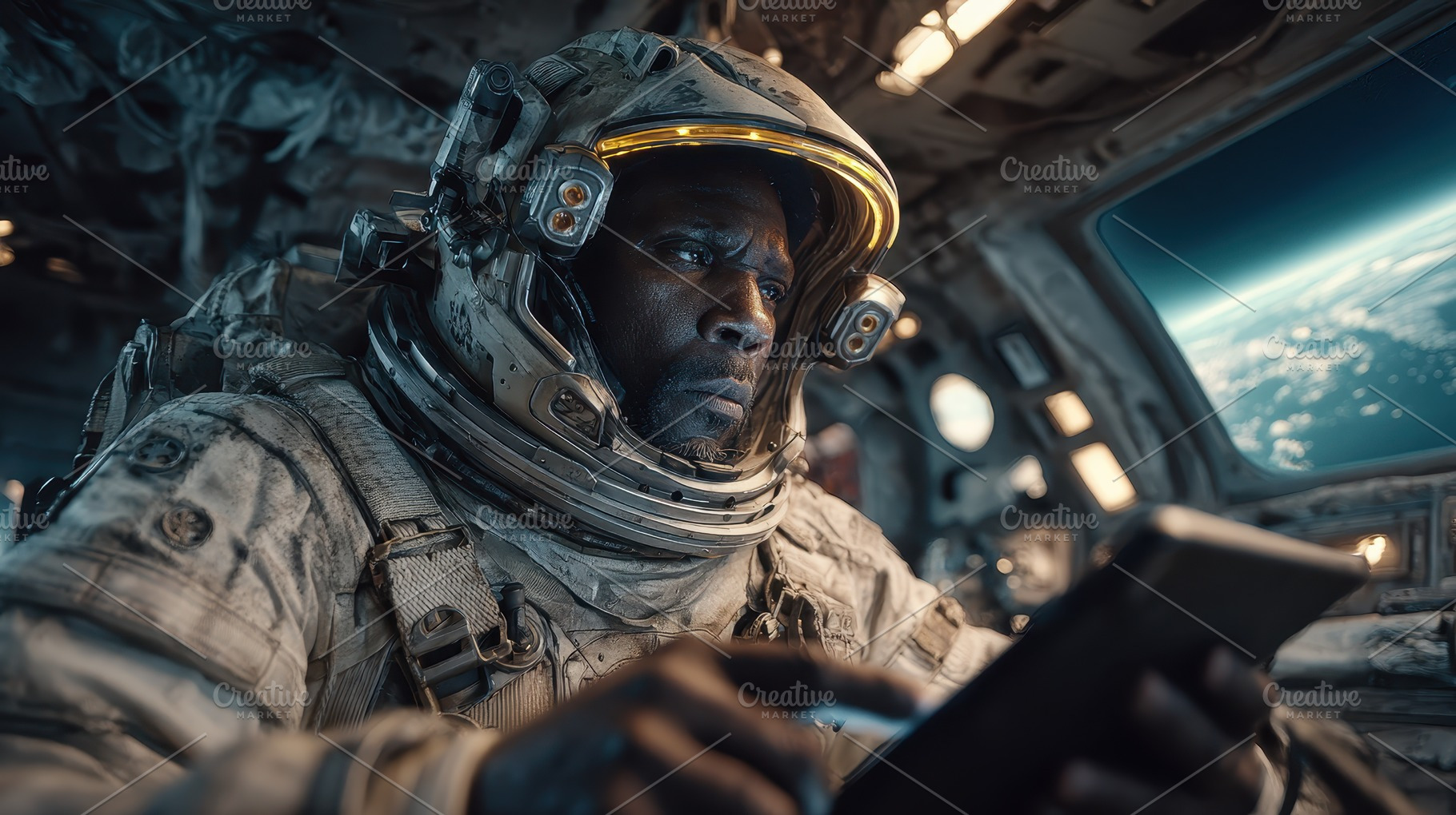 Astronaut using tablet in spaceship, a Photo by Pixeness Studio