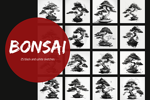 25 Japanese Bonsai BnW Sketches
