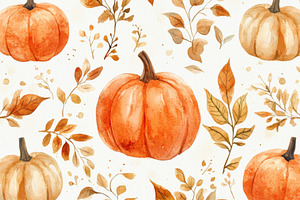 Autumn Watercolor Pumpkins and Leave, a Background Photo by Pixeness Studio