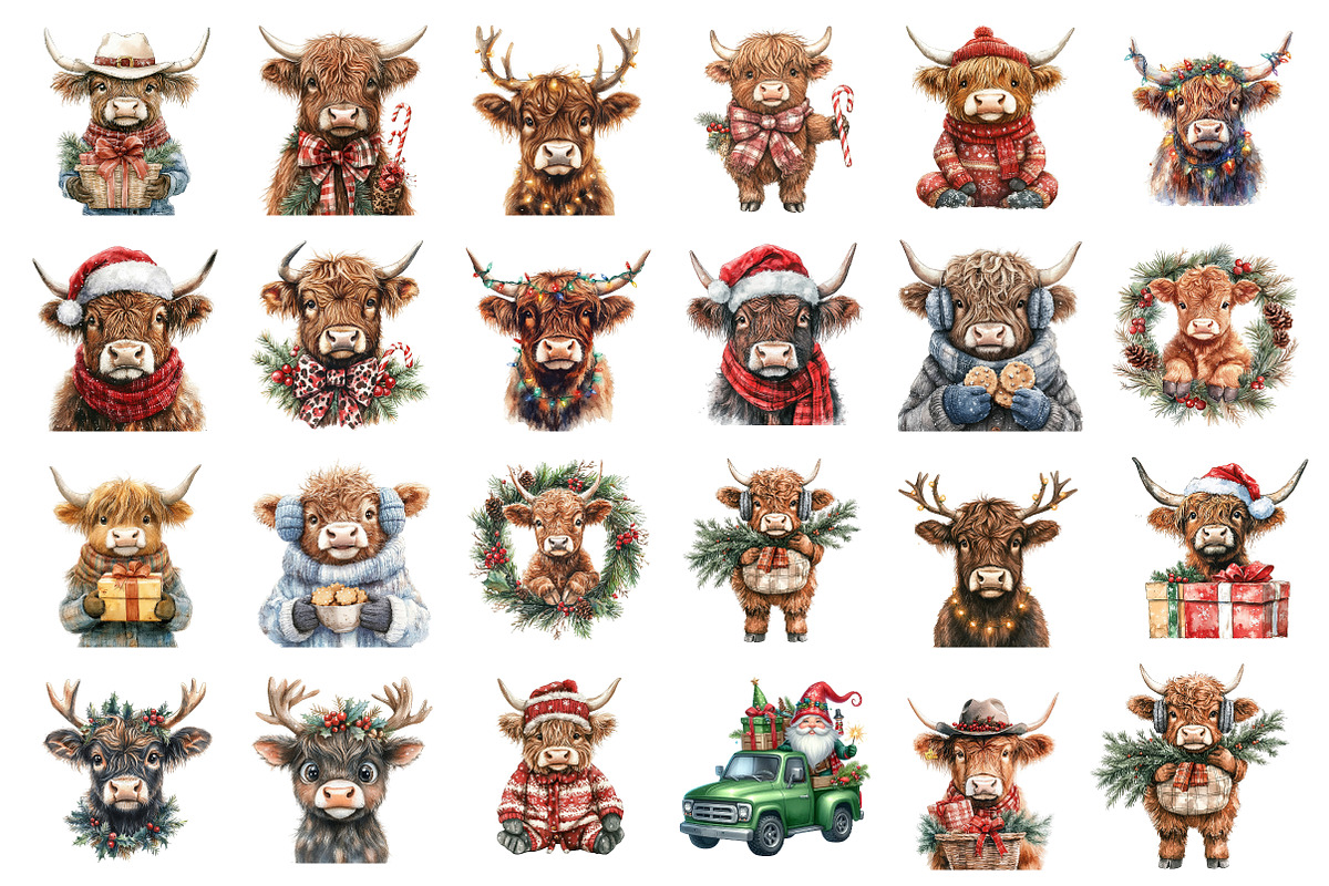 Christmas Highland Cow Clipart, an Illustration by SinaCreation (Photo 2 of 7)
