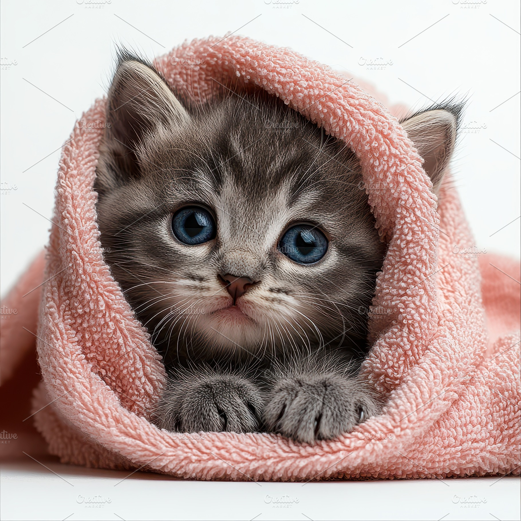 Cute grey kitten snuggled in pink to, an Animal Photo by Pixeness Studio
