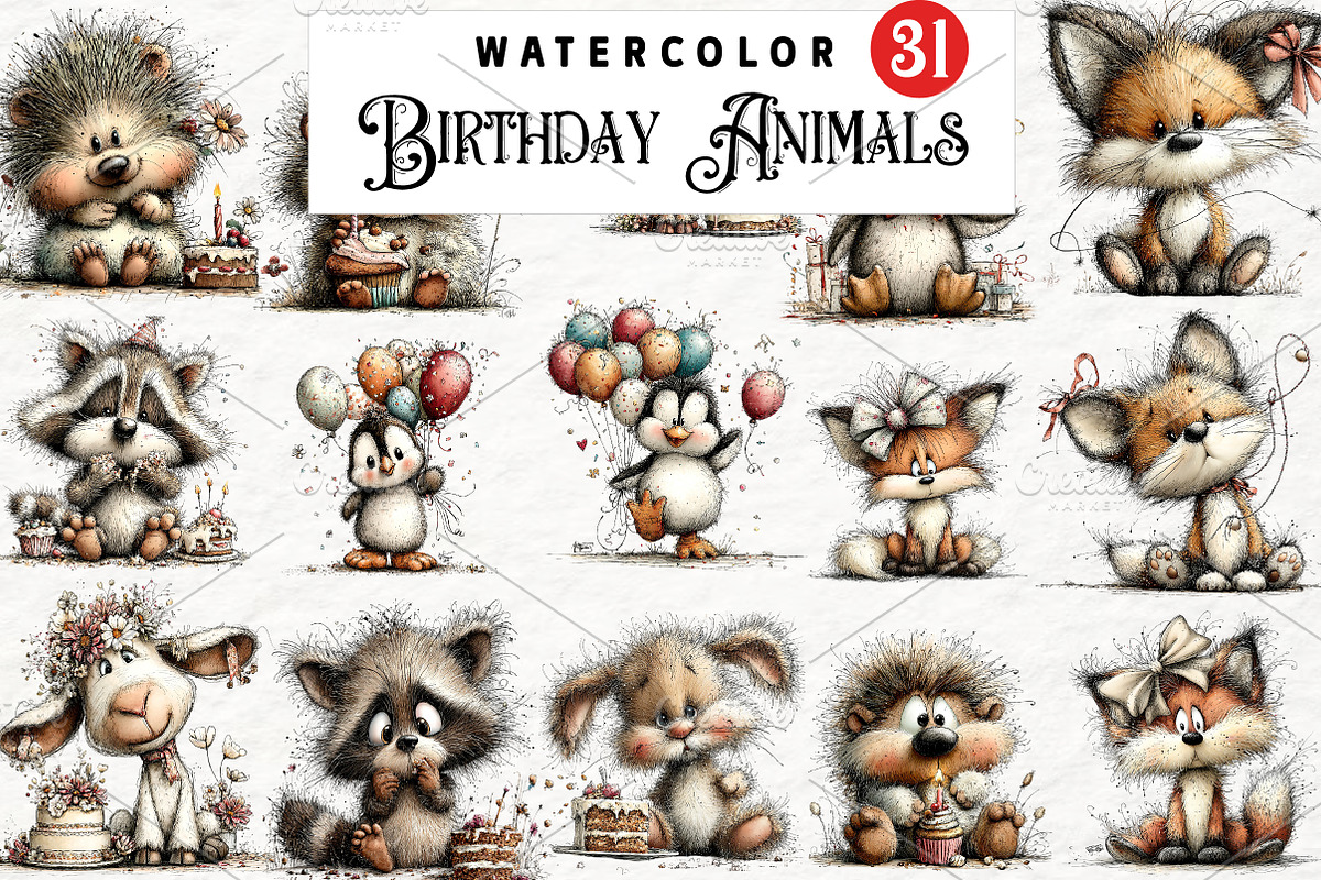 Whimsical Birthday Animals Clipart, an Animal Illustration by Watercolor design (Photo 1 of 5)
