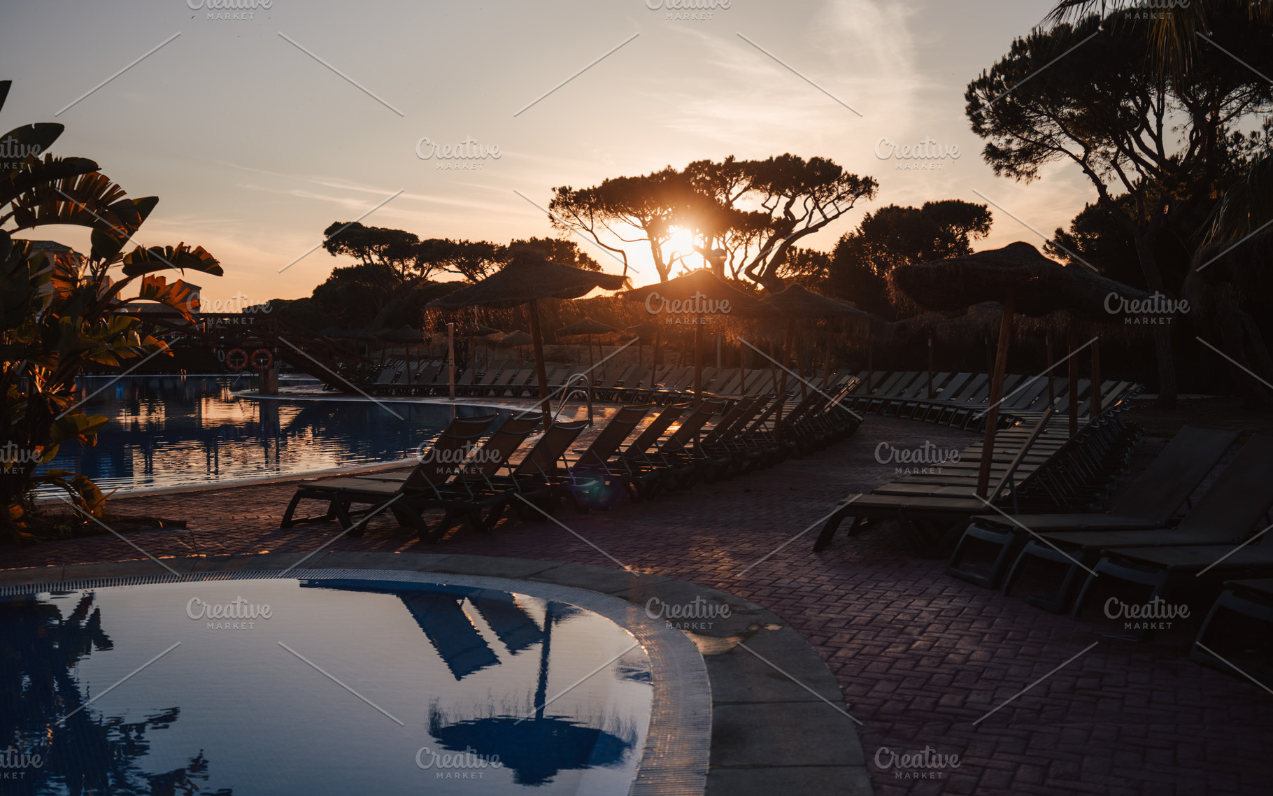 Sunset resort pool with loungers, a Sports & Recreation Photo by SkyNext