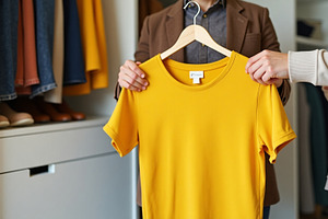 Woman And Man Selecting Yellow T Shi, a Beauty & Fashion Photo by Stock Shape