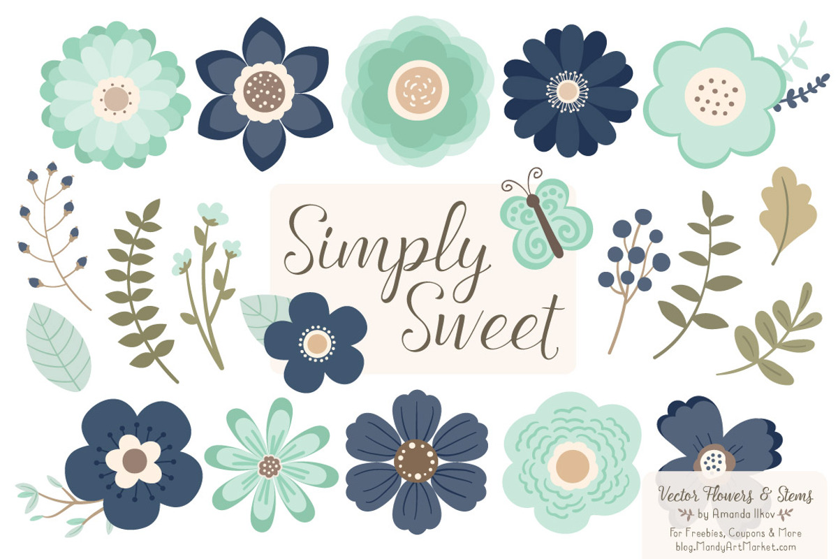 Navy & Mint Flowers Clipart, an Illustration by Amanda Ilkov (Photo 1 of 4)