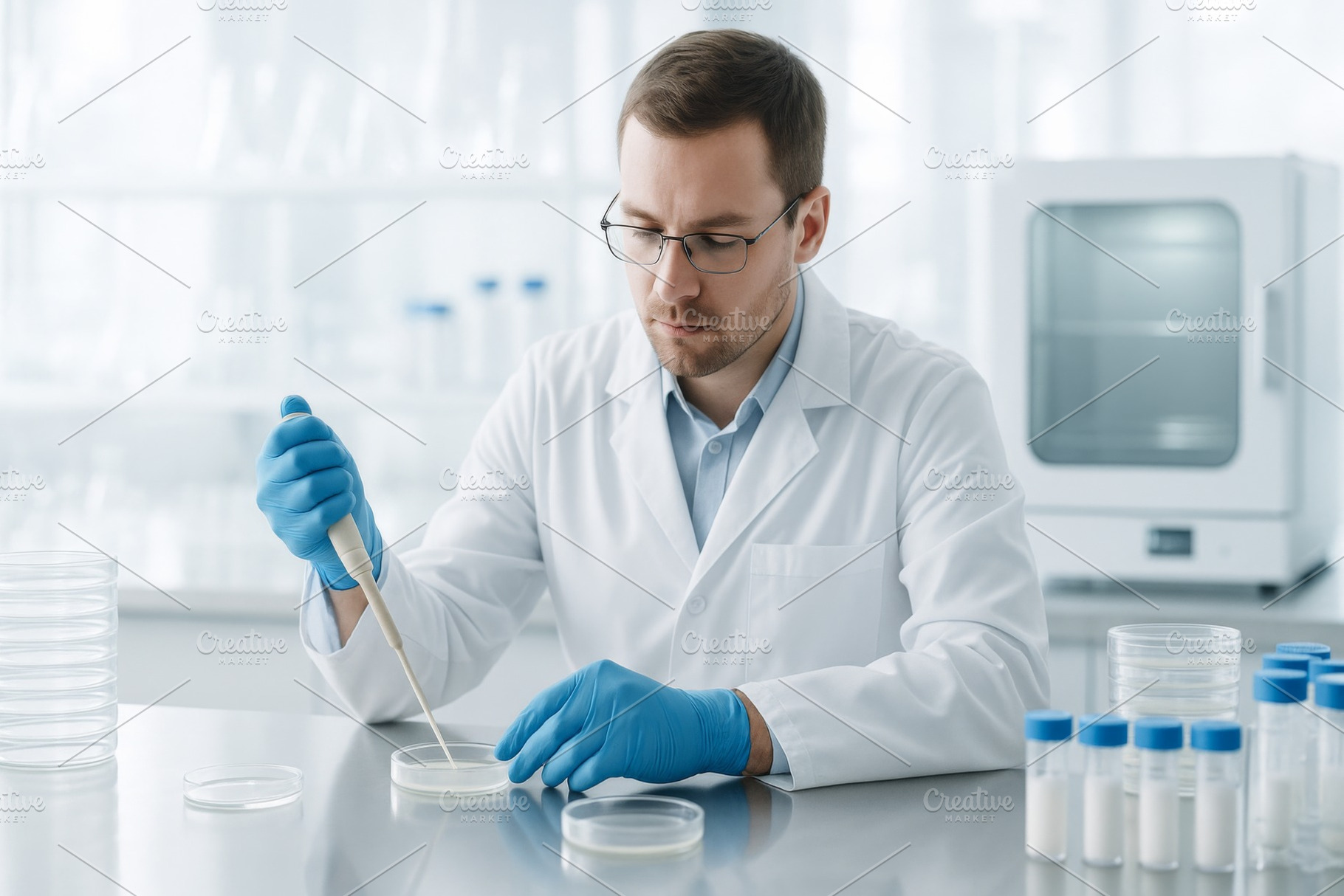 Laboratory scene with microbiologist, a Photo by Dvoevnore photos