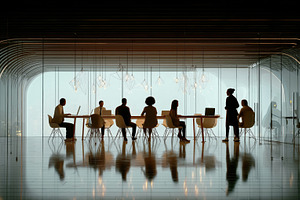 A modern conference room with silhouettes of diverse professionals engaged in a, a Person Photo by Textures & Backgrounds