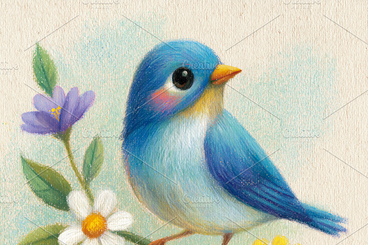 Little blue bird perched on a flowering branch, a cute fine art, a Decorative Illustration by Studio ANNA