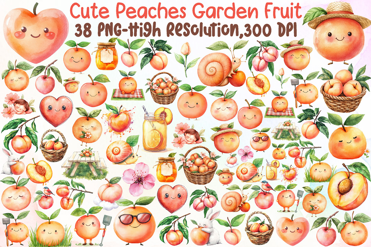 Watercolor Cute Peaches Garden Fruit, an Illustration by Sublimation Artist (Photo 1 of 6)