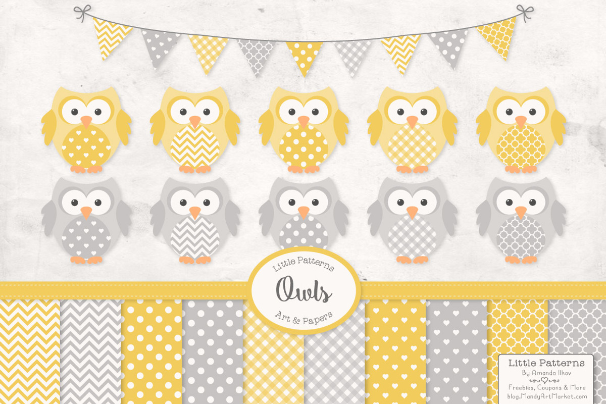 Yellow & Grey Owls Vectors & Papers, an Animal Illustration by Amanda Ilkov (Photo 1 of 3)