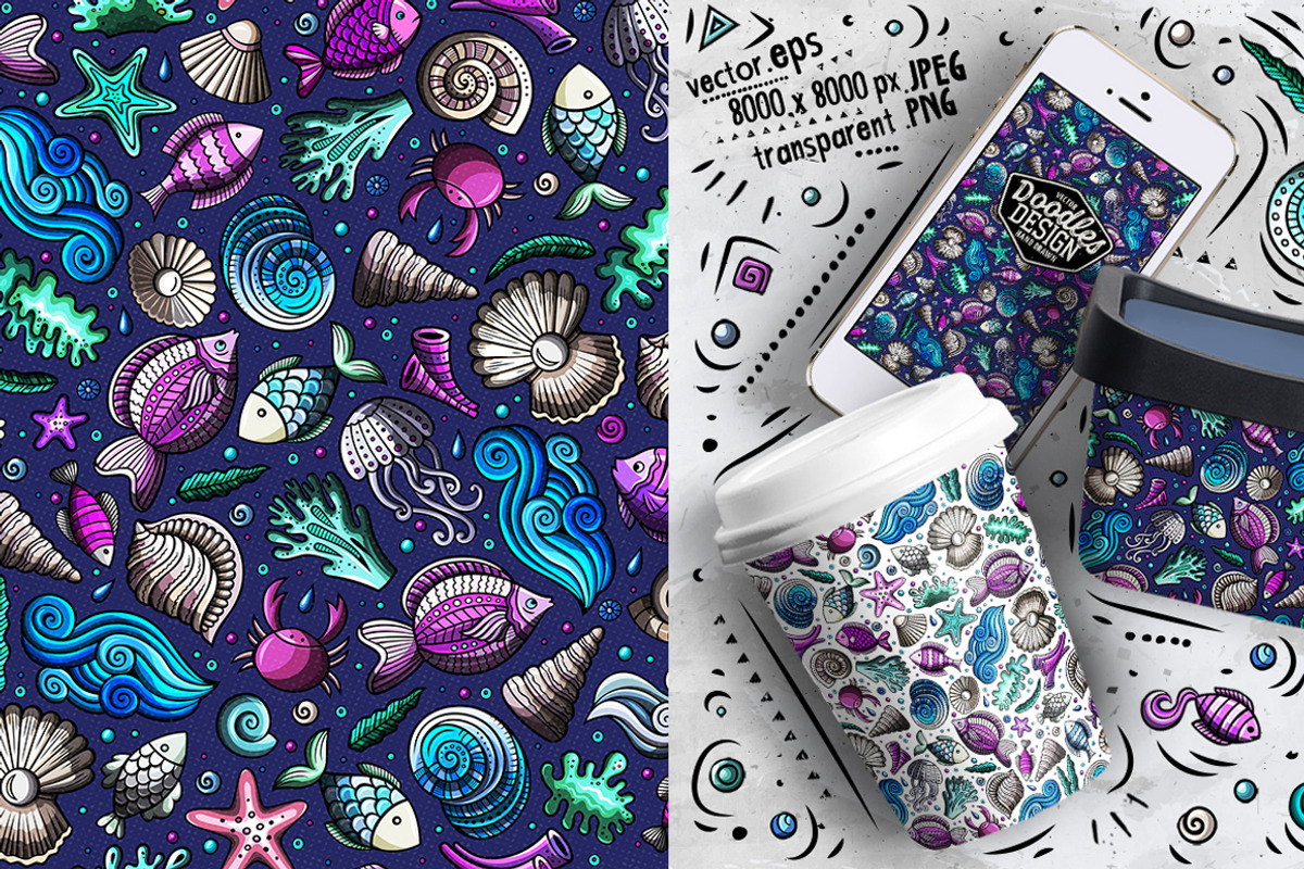 Sea Life Doodle Seamless Patterns, a Pattern Graphic by BALABOLKA (Photo 5 of 8)