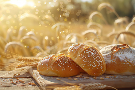Fresh baked bread on table on wheat field background, a Food & Drink Photo by AlyaAnd