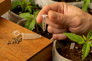 Hand holds tube with seeds for growi