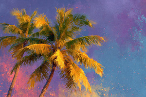 Golden Palm Trees Tropical Sunset Sk, a Photo by Pixeness Studio