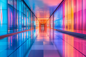 Futuristic Glass Corridor with Vibrant Neon Lighting, an Abstract Photo by Natalia Klenova's Shop