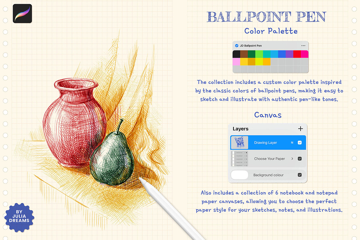 Ballpoint Pen Brushes for Procreate, a Brush Add-On by Julia Dreams (Photo 4 of 6)