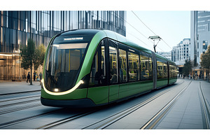 Modern Green Tram Moving Through An