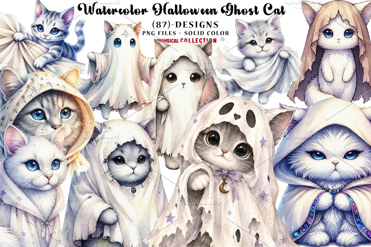Watercolor Halloween Ghost Cat PNG, a Seasonal Illustration by CreationArt (Photo 1 of 7)