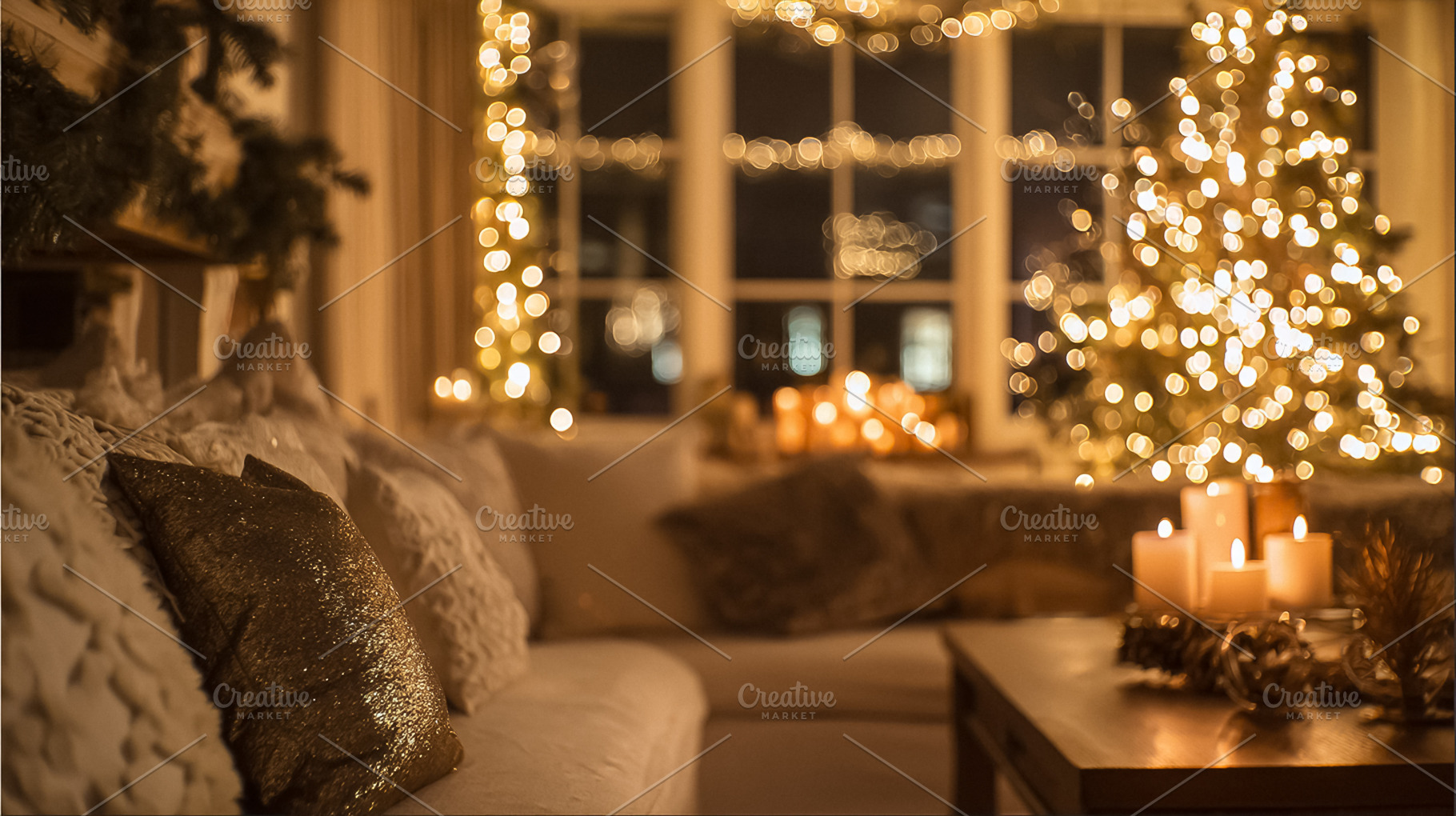 Living room interior showing a decorated Christmas tree, glowing, a Photo by Studio ANNA