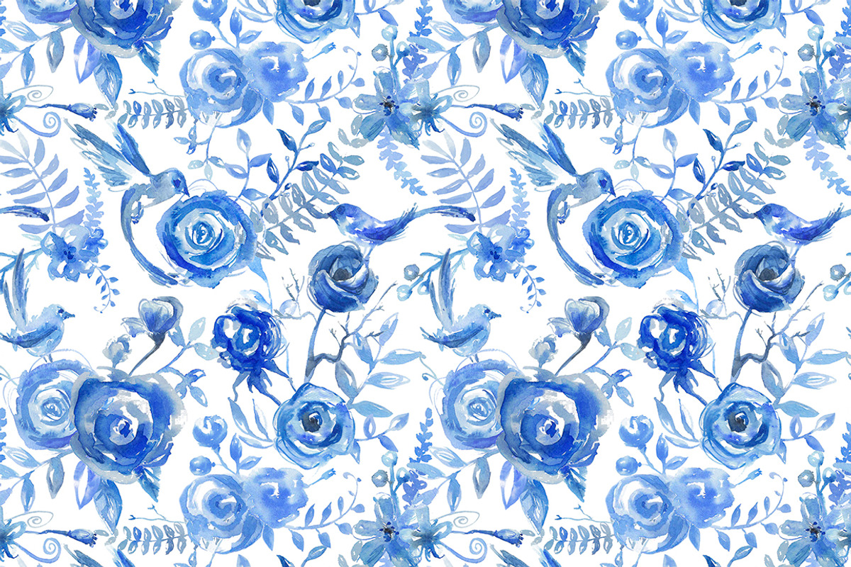 Watercolor blue floral pattern, a Pattern Graphic by kizi (Photo 1 of 2)