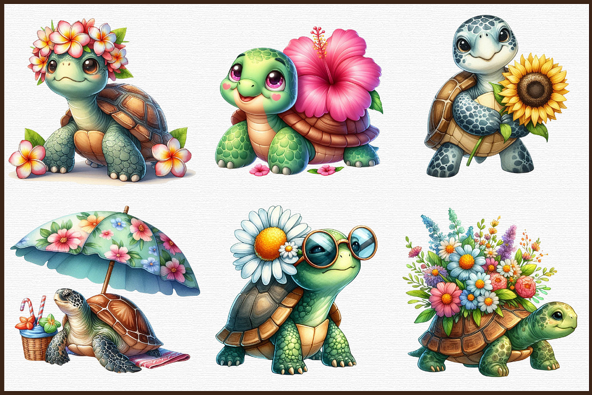 Turtle With Flower, Summer Clipart, an Illustration by Sublimation Artist (Photo 3 of 6)