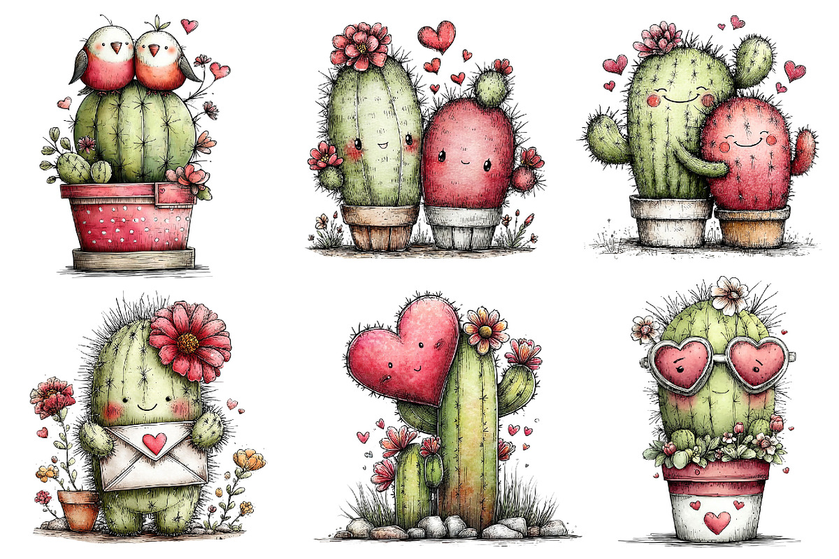 Whimsical Cactus Valentine's Clipart, an Illustration by Dream Creation (Photo 5 of 6)
