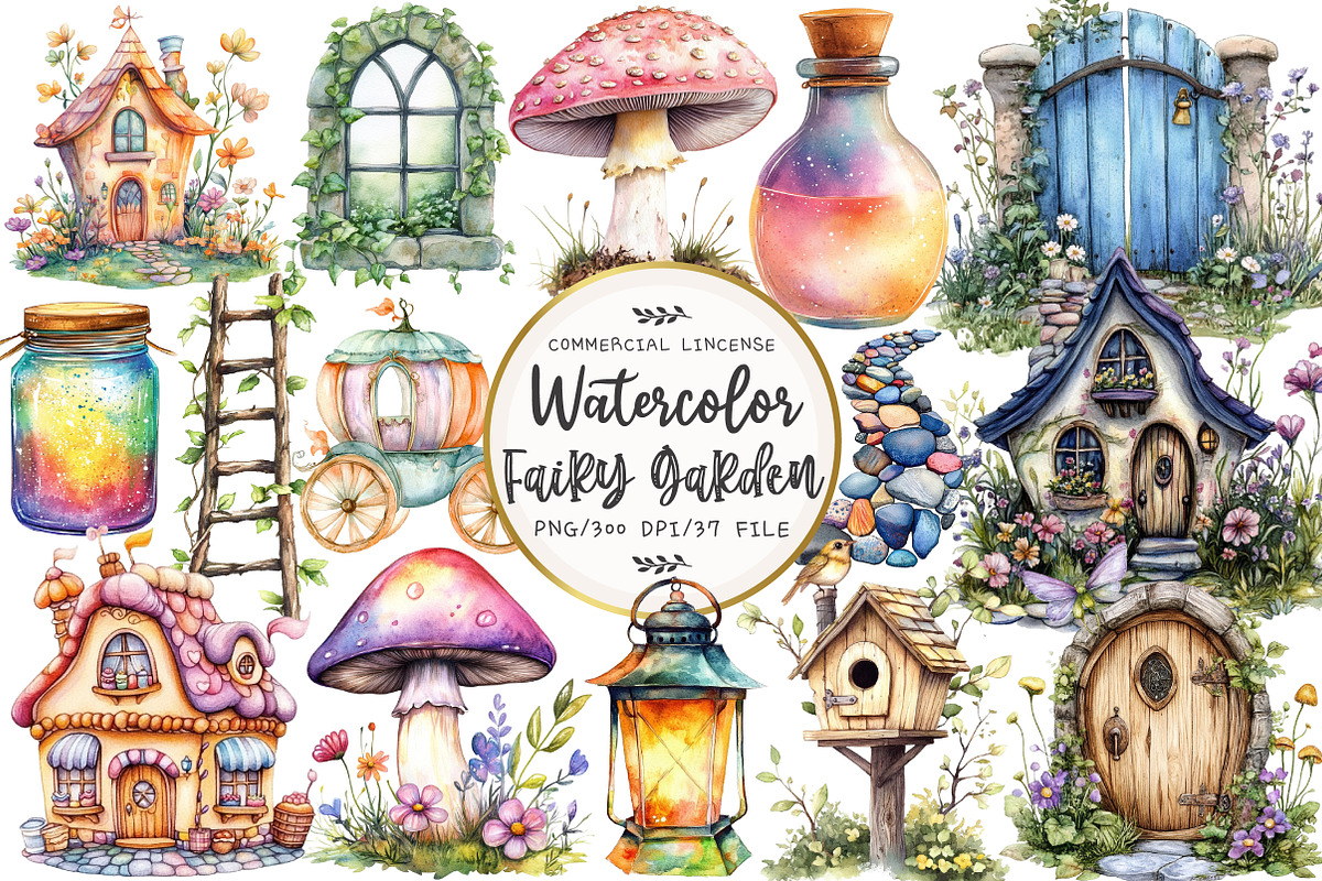 Fairy Garden Watercolor Clipart, an Illustration by OK Design (Photo 1 of 5)