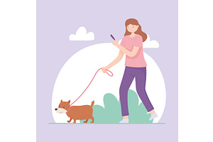 girl holding phone walking dog, a Person Illustration by studiogstock