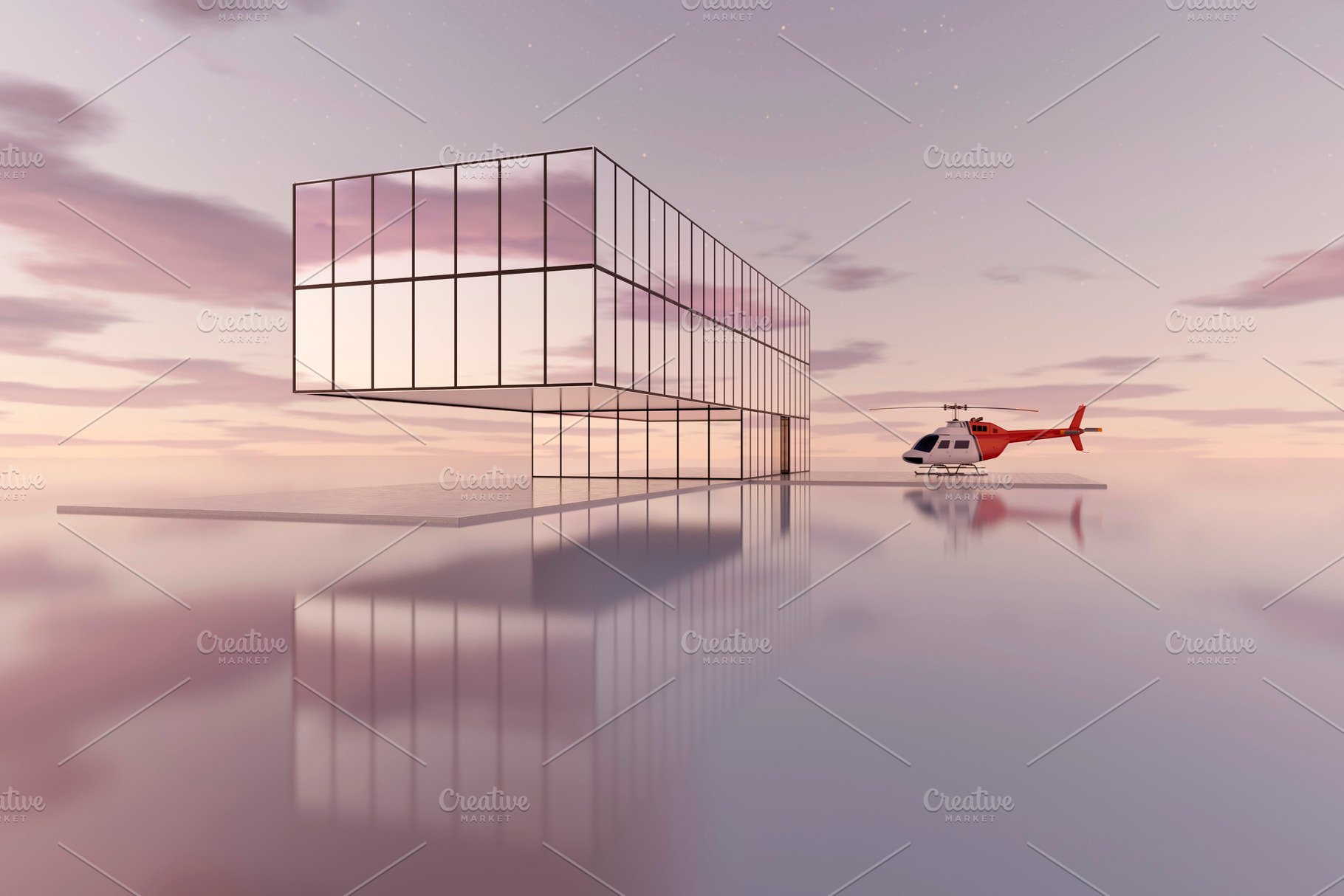 Helicopter near modern glass house with pool at sunset scene, an Architecture Photo by RF Images