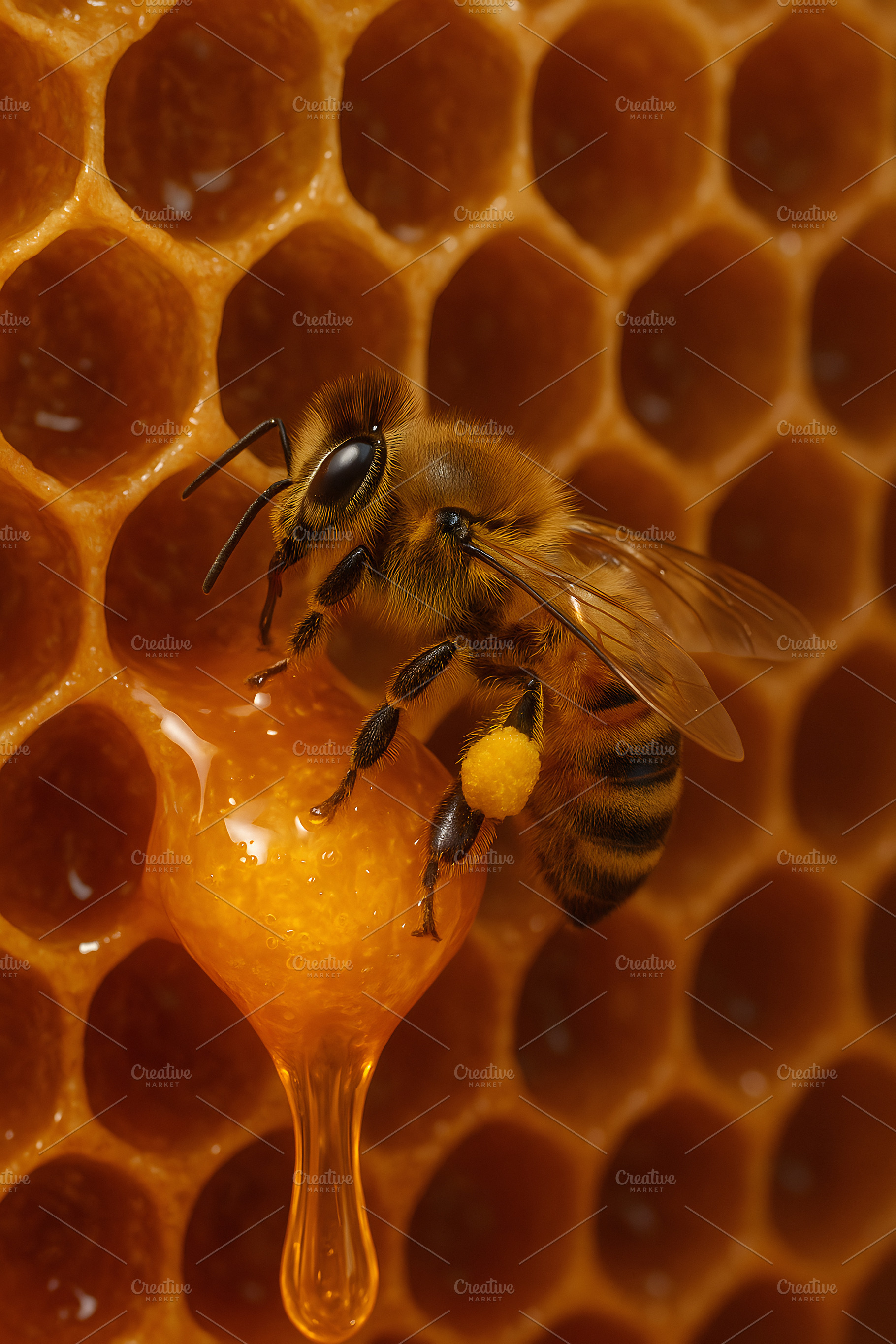 Honey bee collecting nectar from fresh honeycomb cells, an Animal Photo by GoodGoods